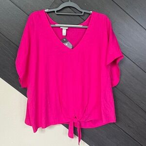 Ava & Viv Linen Blend V-Neck Tie‎ Front Blouse